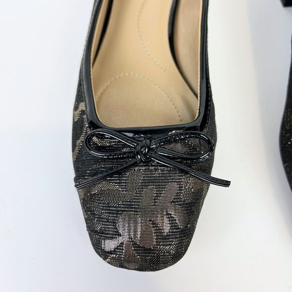 Bandolino Xylon Black + Gold Lace Brocade Ballet Shoes Block Heel Square Toe 7.5 - Picture 5 of 9